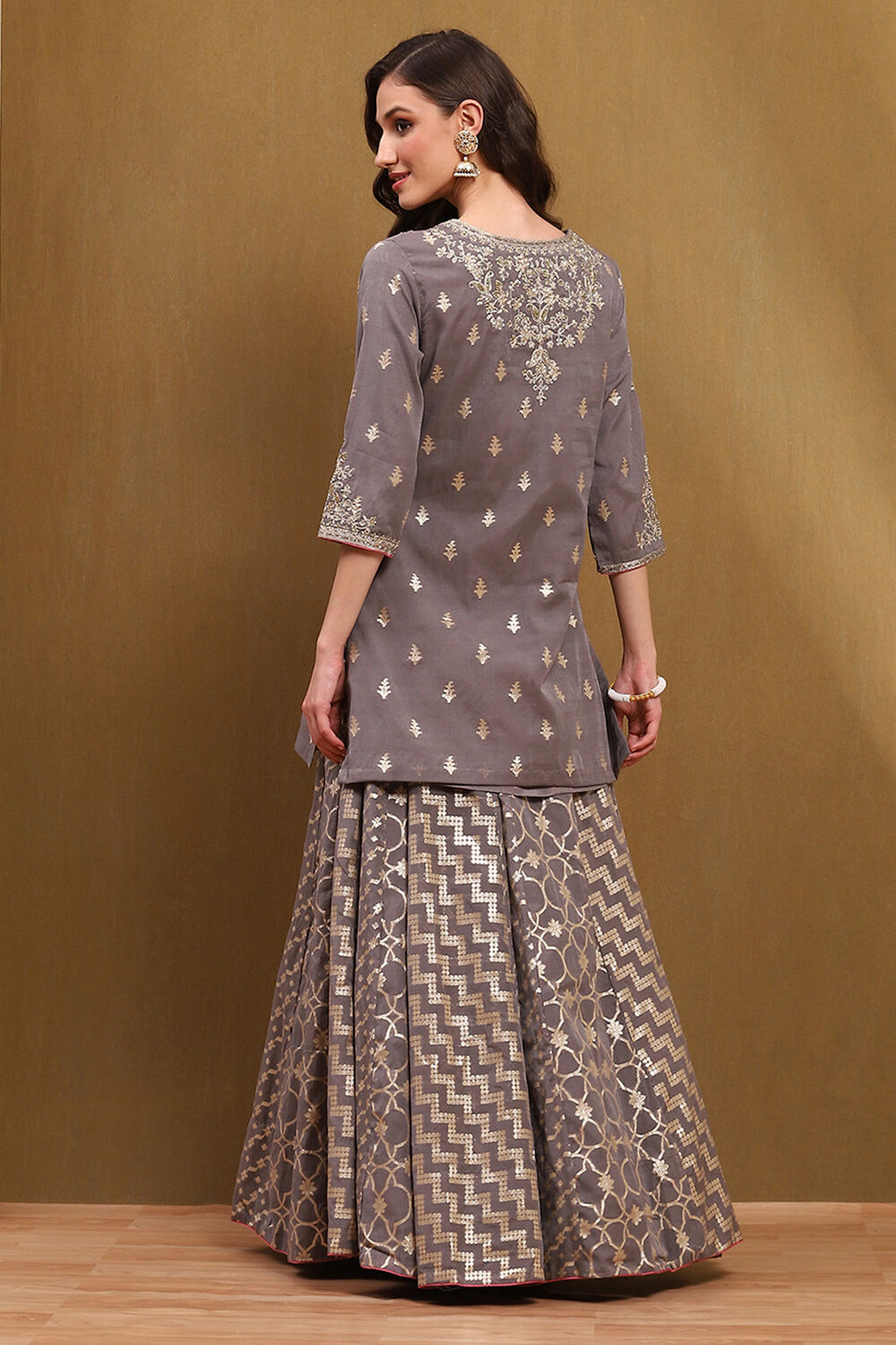 Grey Brocade Embroidered Festive Skirt Set image number 4