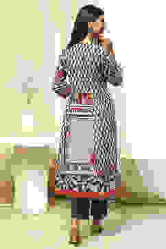 Black and Beige Cotton Printed A-Line Kurta Set image number 4