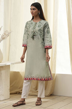 Green Cotton Floral Straight Kurta image number 2