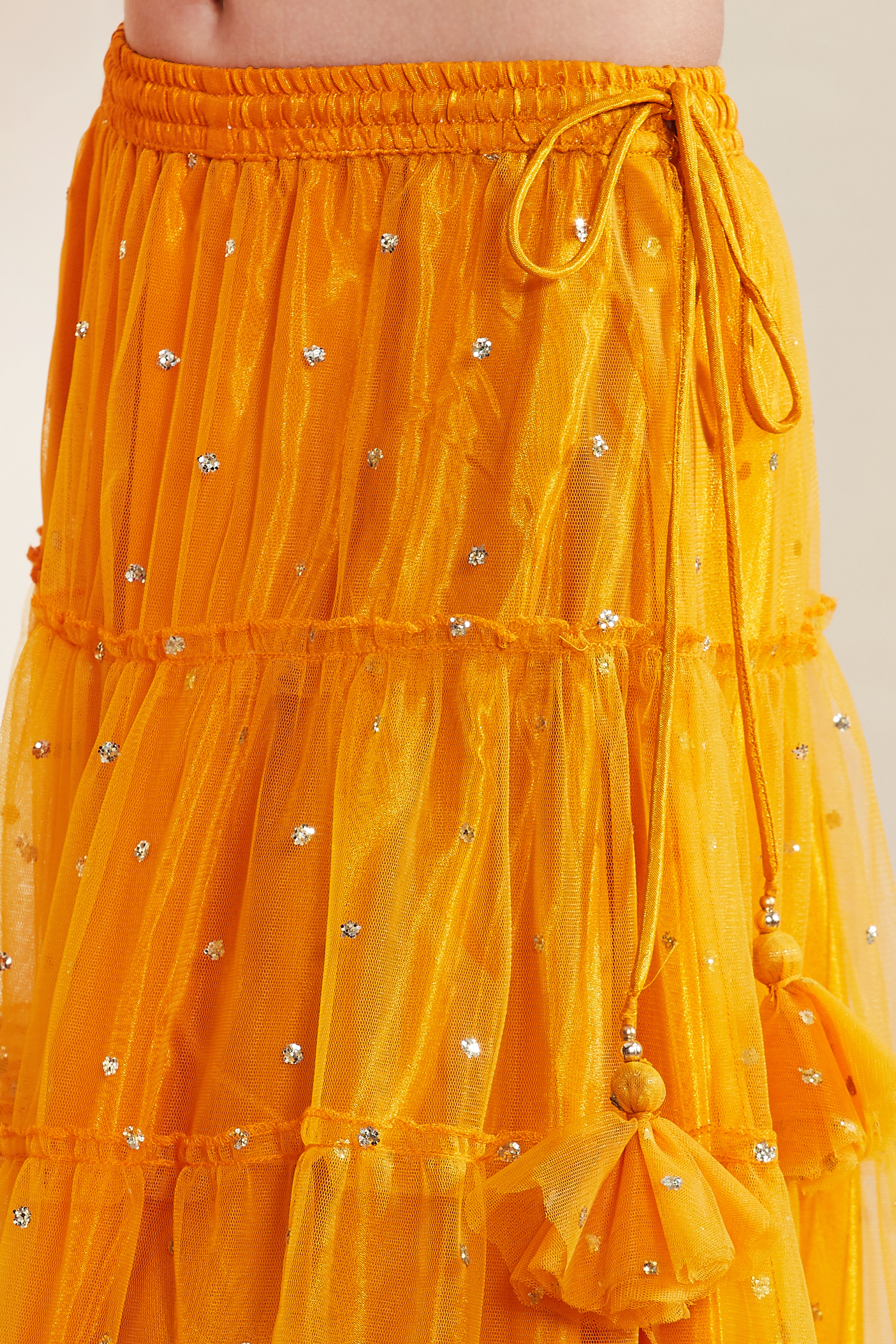 Yellow Cotton Sequined Tiered Lehenga Set image number 2