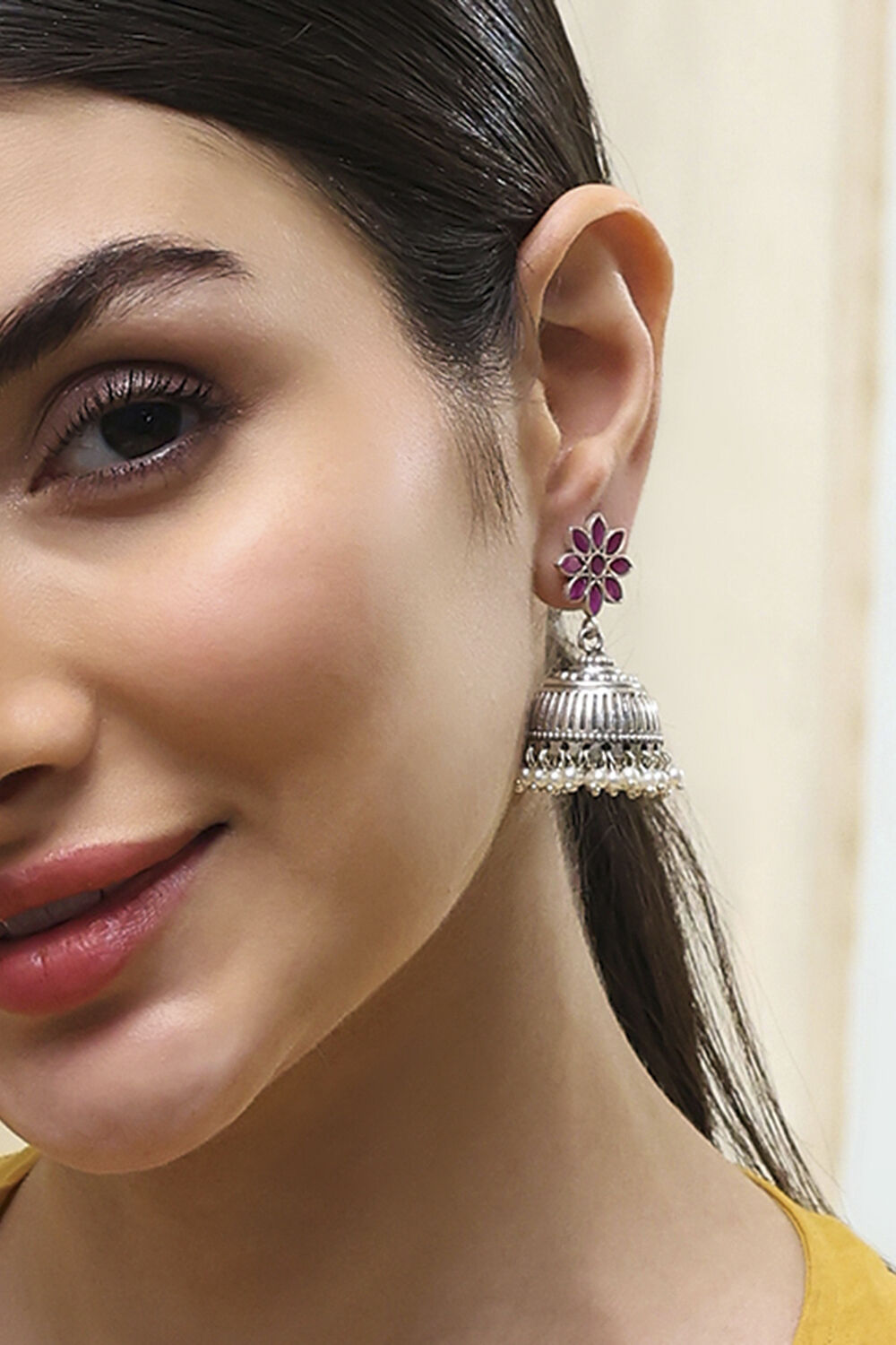 Pink Oxidised Floral Jhumkas image number 1