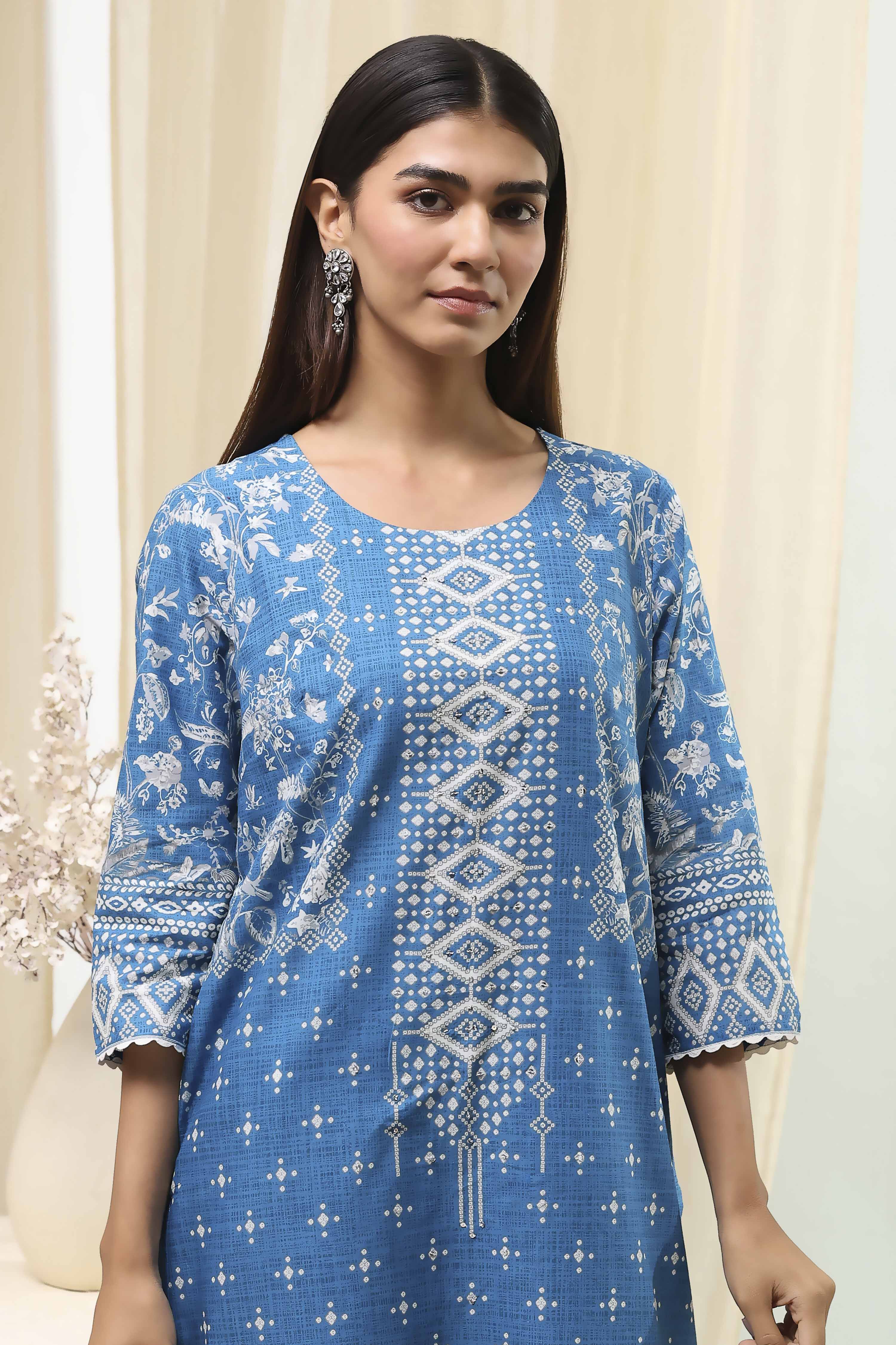 Blue Cotton Printed Straight Kurta image number 1