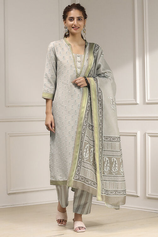 Beige Cotton Modal Digital Print Unstitched Suit Set image number 1