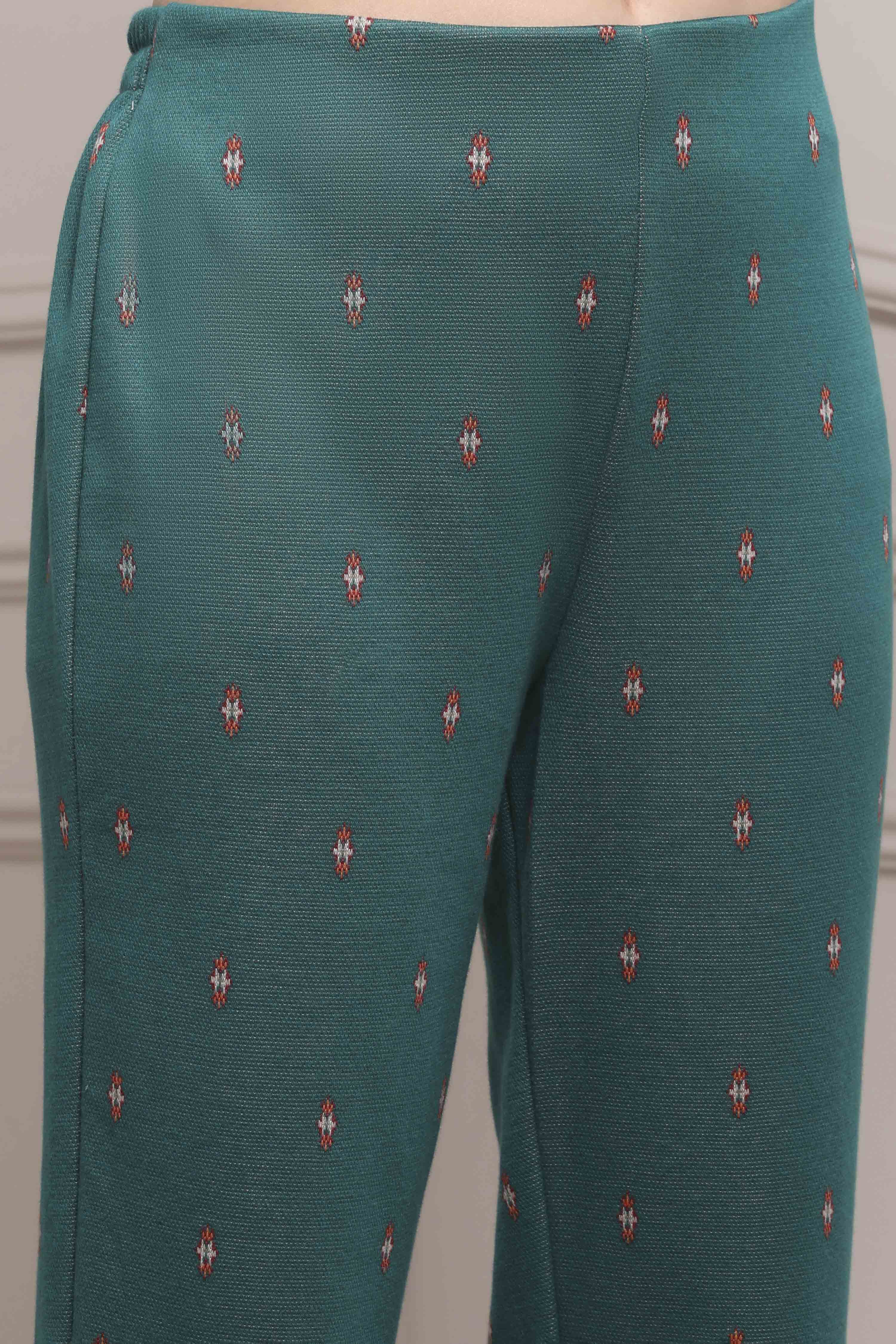 Emerald Green Cotton Blend Yarndyed Straight Suit Set image number 2
