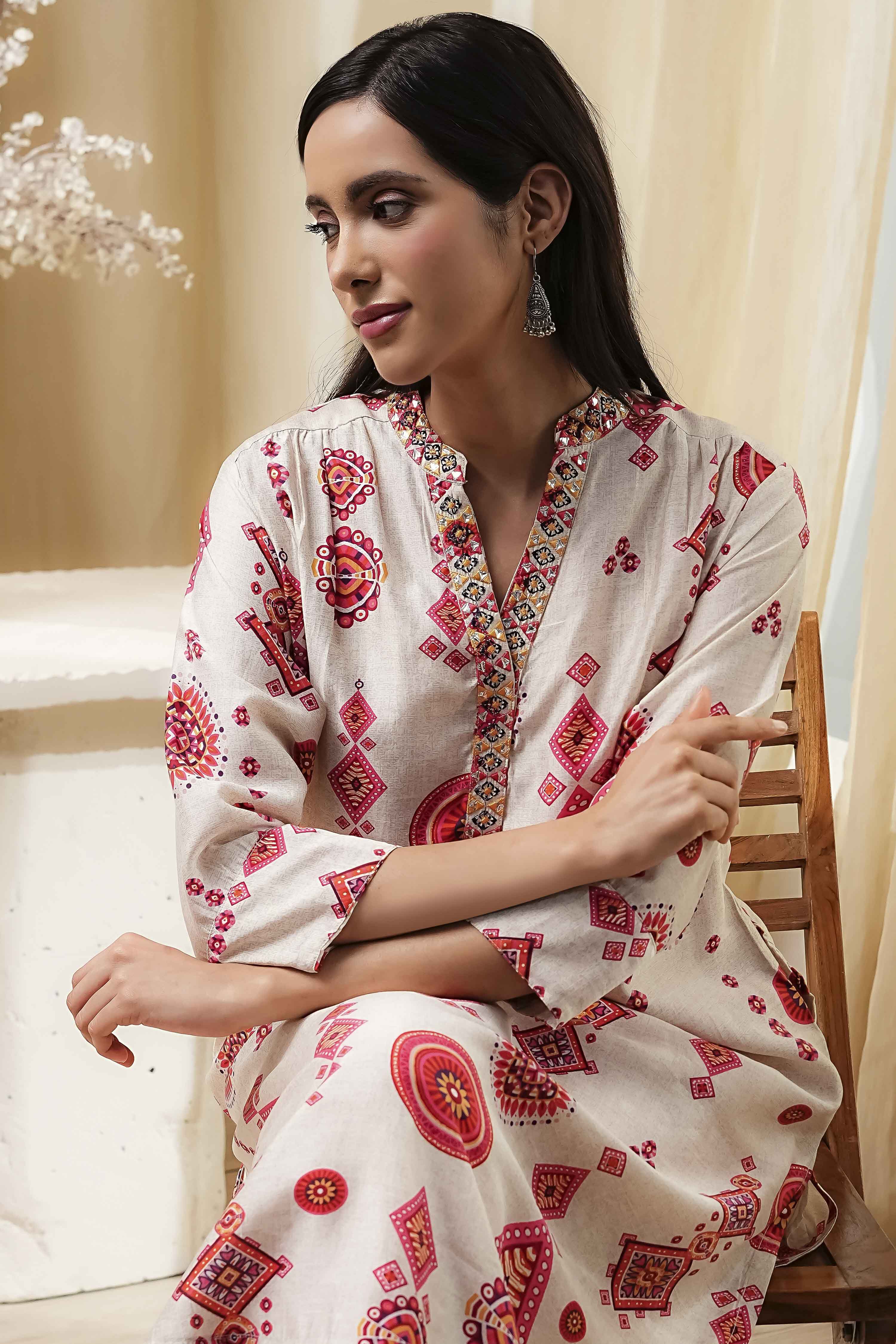 Ecru and Pink Printed Straight Kurta image number 6