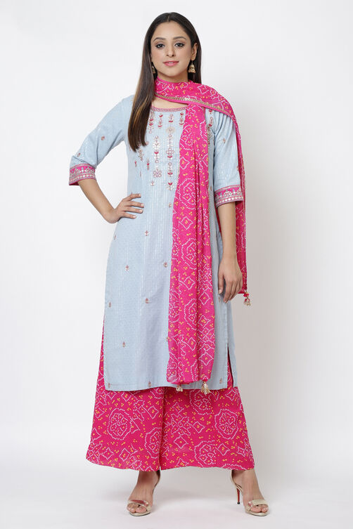 Pink Metallic Cotton Straight Kurta Flared Palazzo Suit Set image number 0