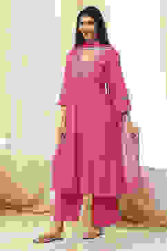 Fuchsia Cotton Printed Gathered Suit Set image number 3