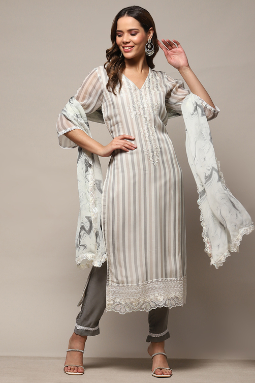 Grey Organza Unstitched Suit Set image number 1