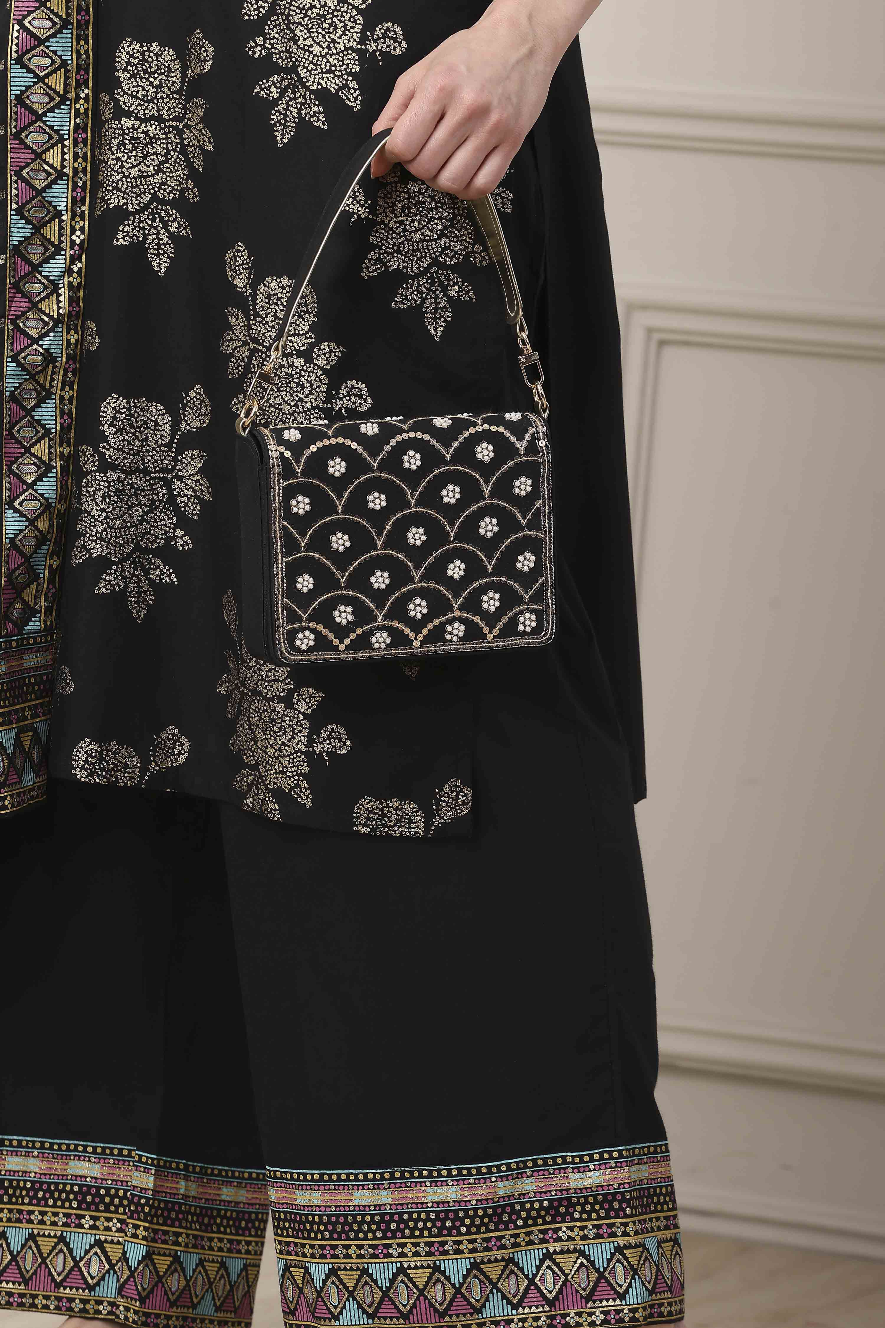 Black Cotton Straight Kurta Palazzo Suit Set image number 7