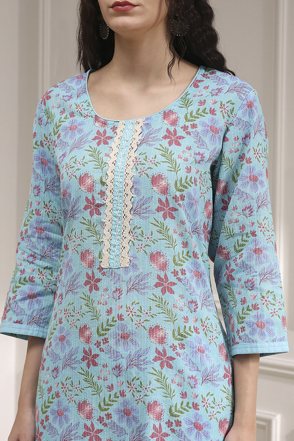 Turquoise Chanderi Handloom Unstitched Suit Set image number 2