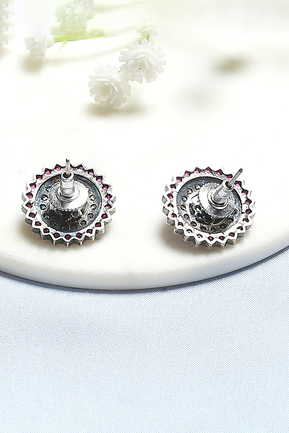 Pink and Green Oxidised Stone-Studded Studs image number 2