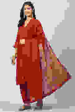 Cherry Red Cotton Straight Kurta Salwar Suit Set image number 0