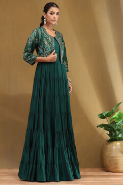 Emerald Green Silk Festive Tiered Anarkali Dress image number 5