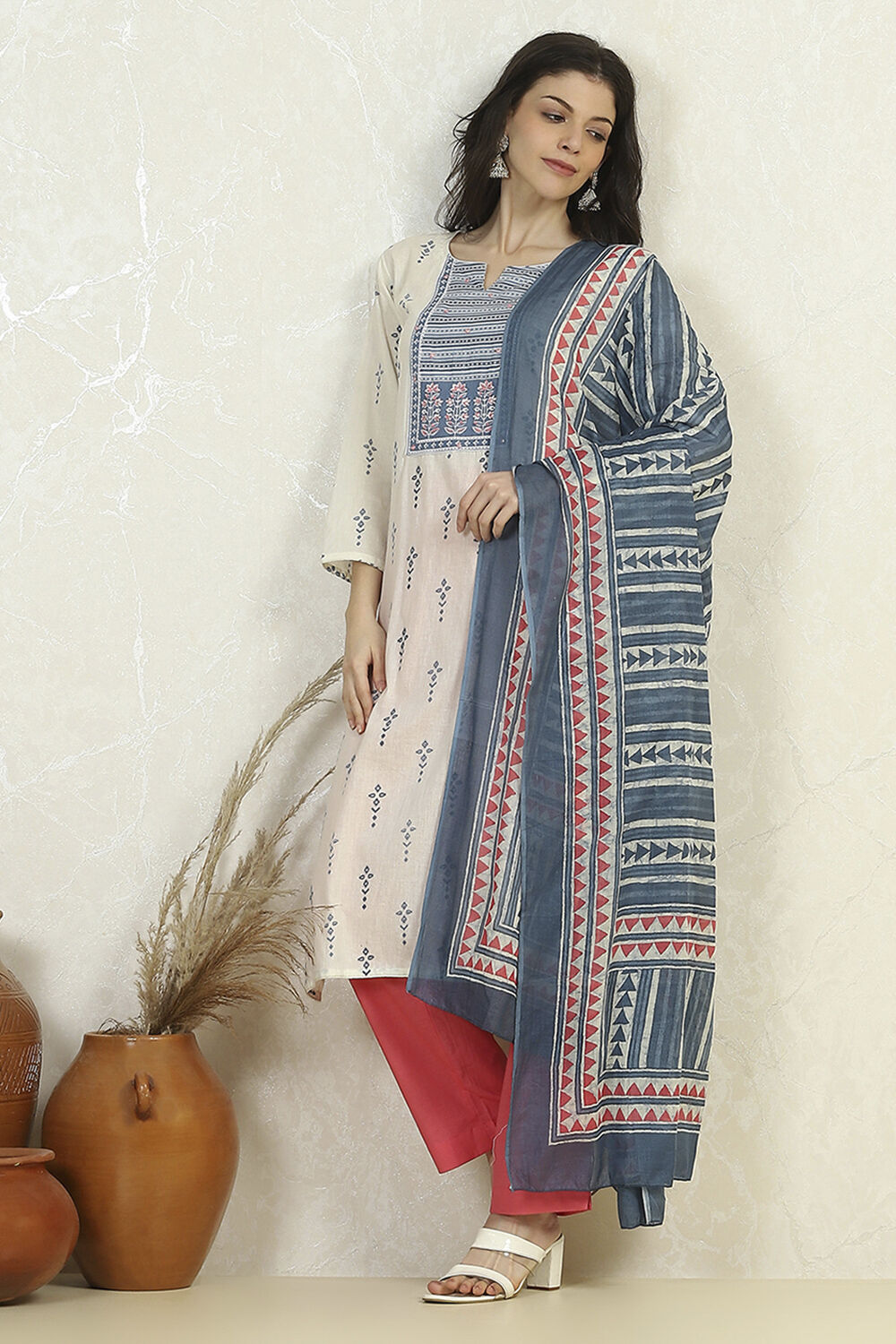 Grey Cotton Printed Embroidered Unstitched Suit Set image number 1