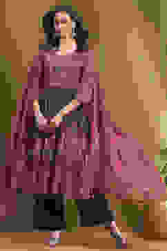 Charcoal and Pink Cotton Printed Anarkali Suit Set image number 0