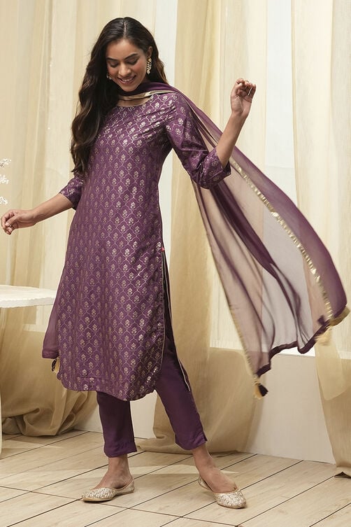 Dark Navy Art Silk Straight Kurta Slim Pants Suit Set image number 7