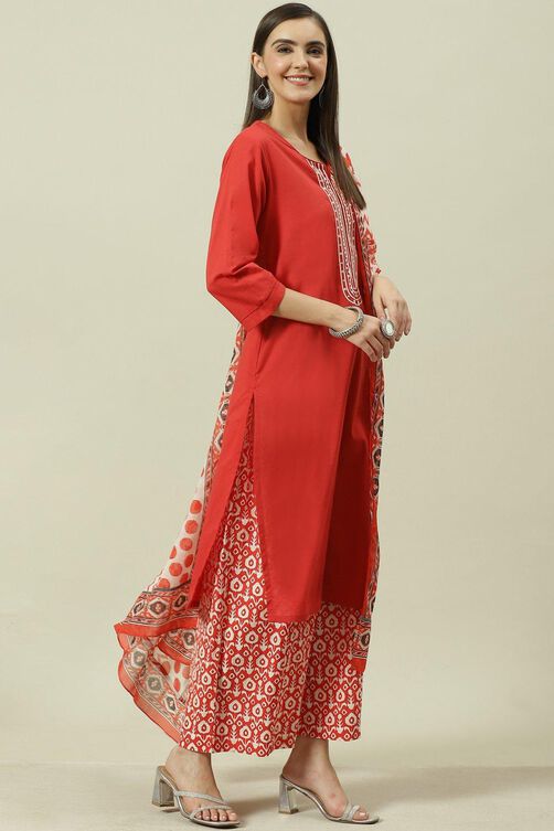 Red Cotton Solid Straight Suit Set image number 6
