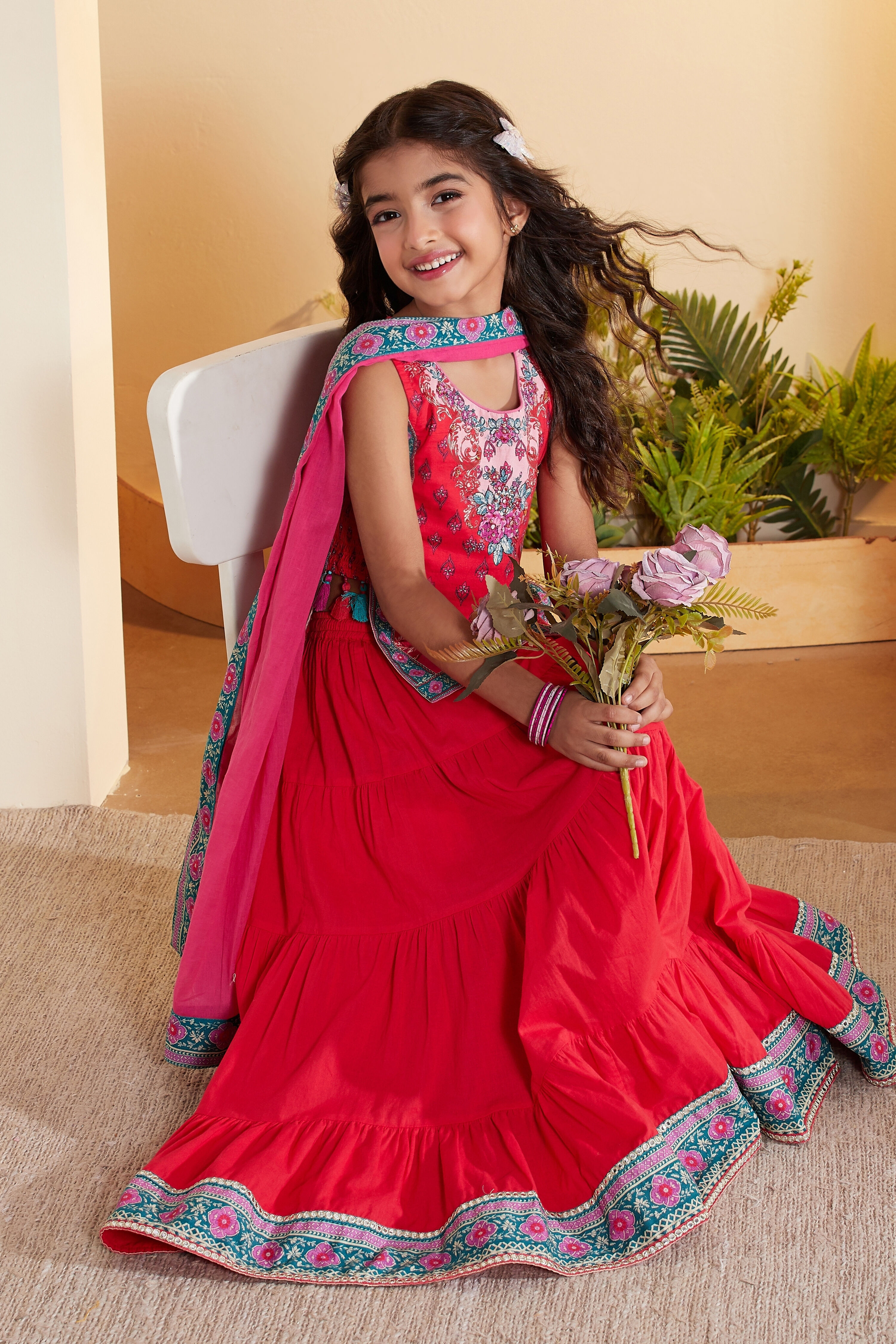 Red Cotton Floral Printed Tiered Lehenga Set image number 0