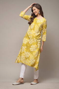 Olive LIVA Straight Printed Kurta image number 0