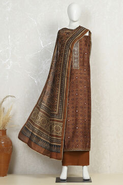 Mustard Silk Blend Hand Embroidered Unstitched Suit Set image number 4