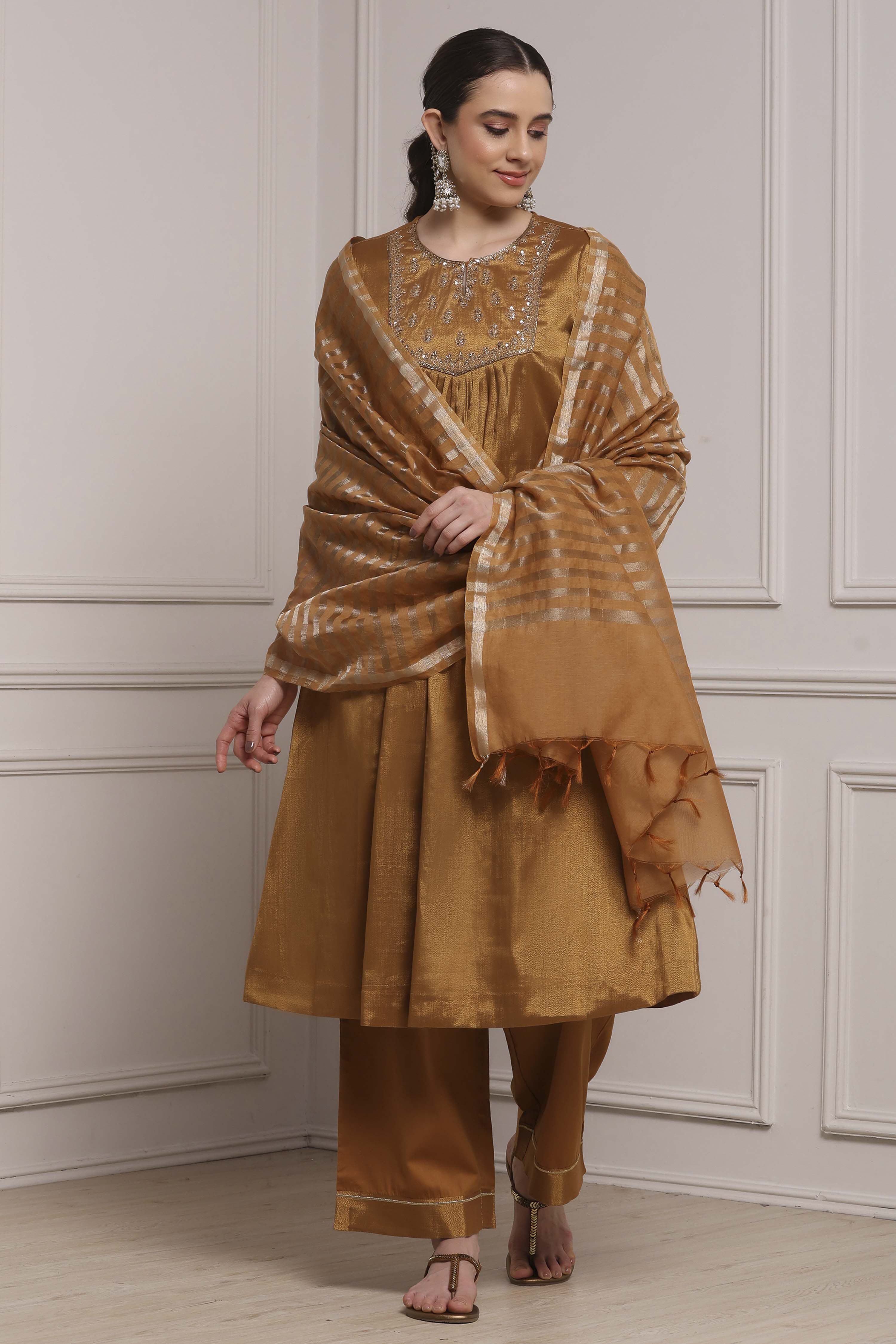 Copper Cotton Tissue Gathered Dyed Suit Set image number 0