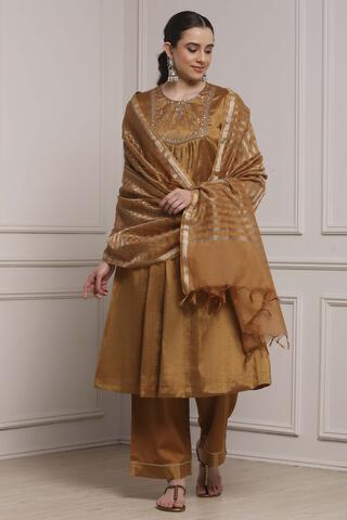 BIBA Copper Cotton Gathered Dyed Suit Set in Copper
