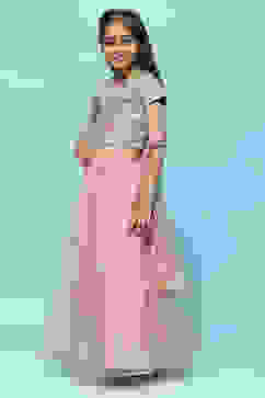 Green Cotton Tissue Blouse Tiered Lehenga & Net Dupatta image number 4