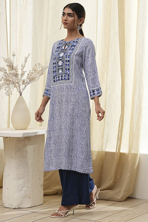 Indigo Printed Straight Kurta image number 2