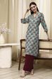 Teal Cotton Printed Straight Kurta image number 0