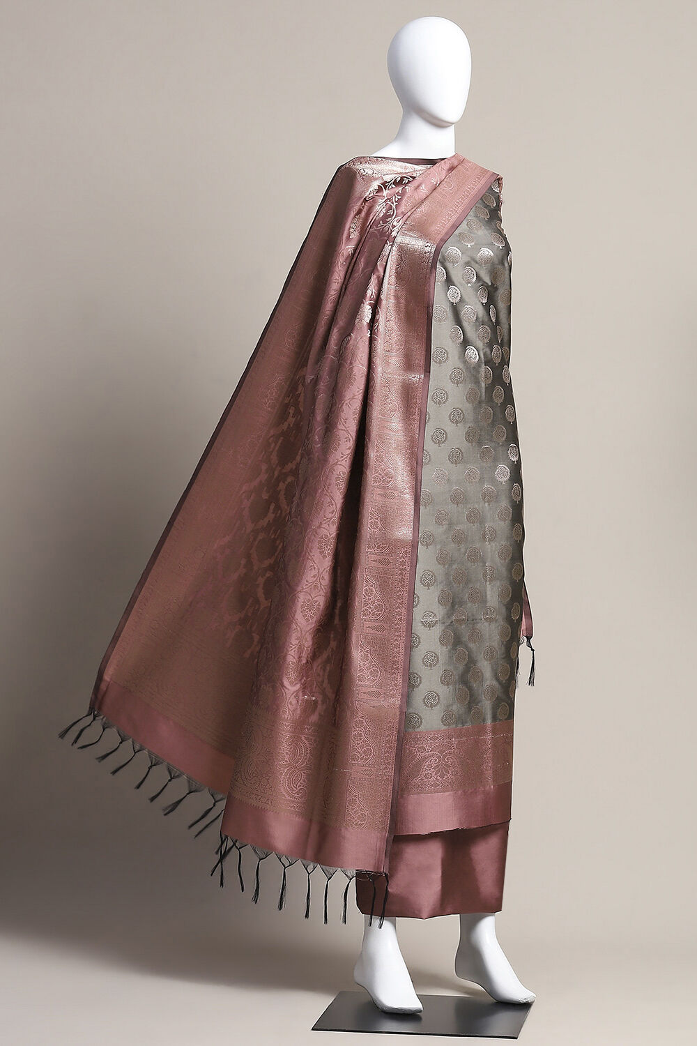 Grey Art Silk Unstitched Suit Set image number 0