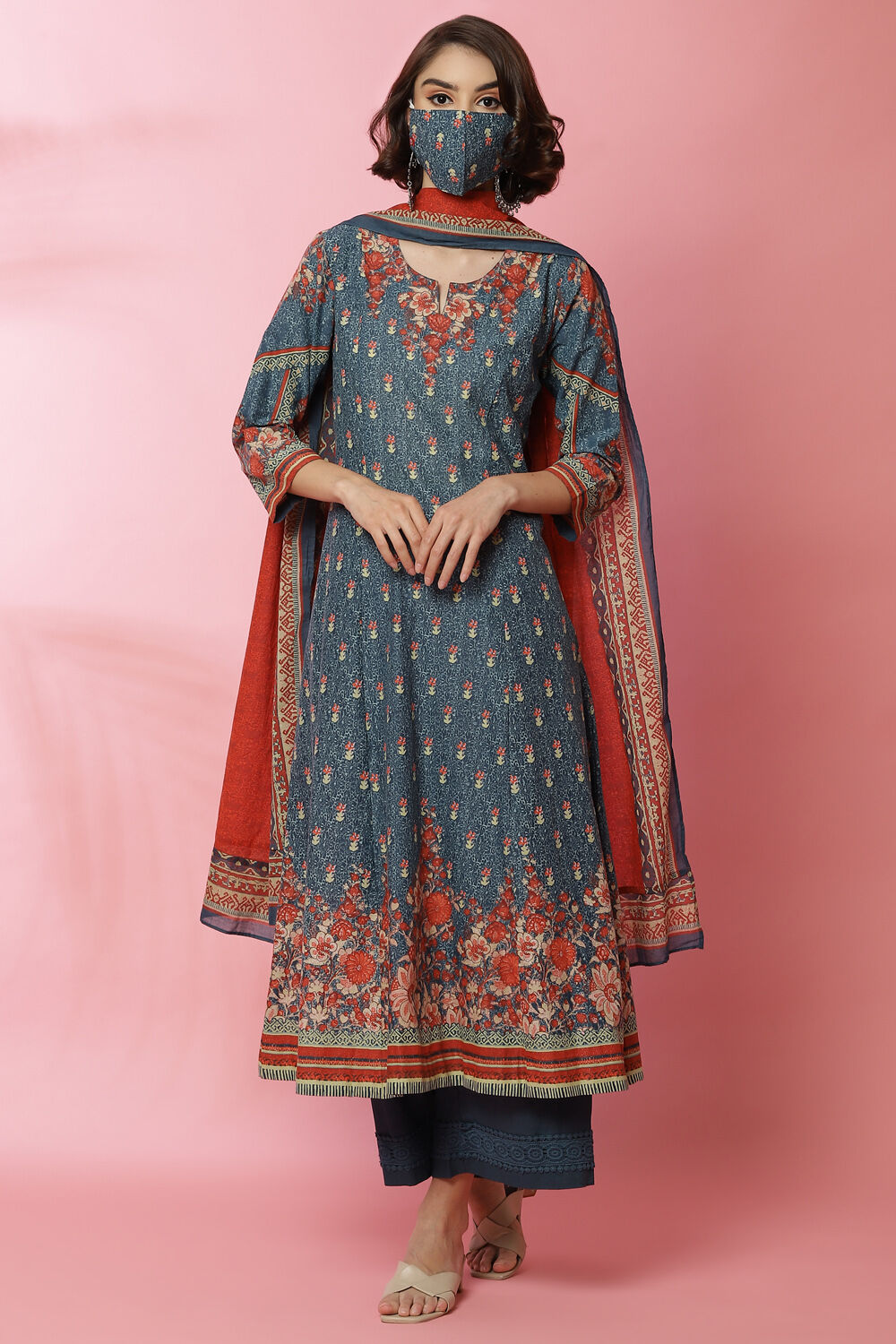 Blue Cotton Kalidar Kurta Palazzo Suit Set image number 6