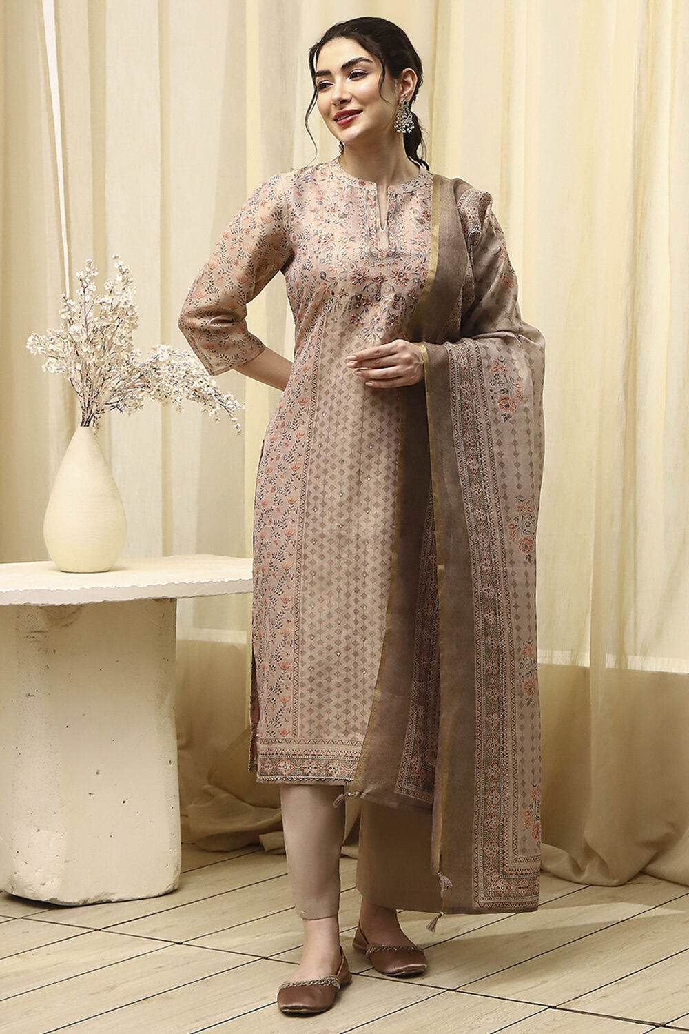 Lavender Chanderi Printed Unstitched Suit Set image number 1