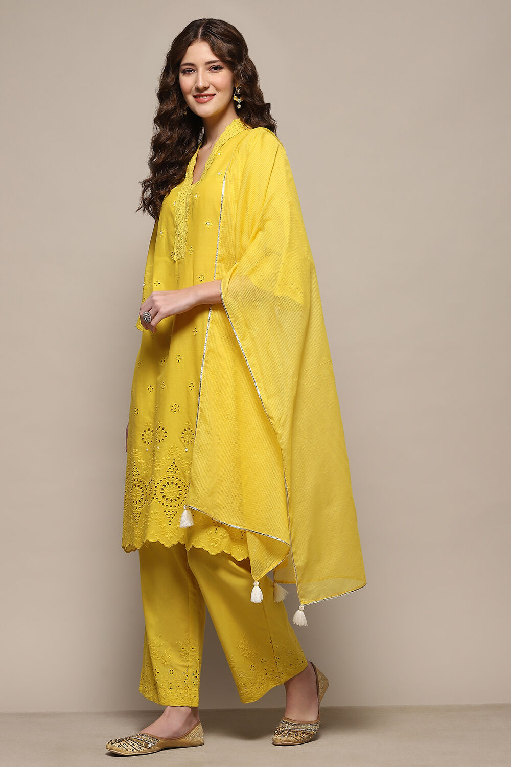 Lime Yellow Cotton Schiffli Straight Suit Set image number 4