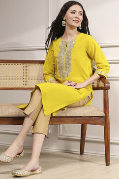 Lime Green Cotton Straight Solid Kurta image number 6
