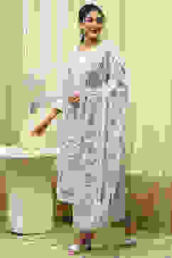 White Blue Cotton Blend Machine Embroidered Unstitched Suit Set image number 4