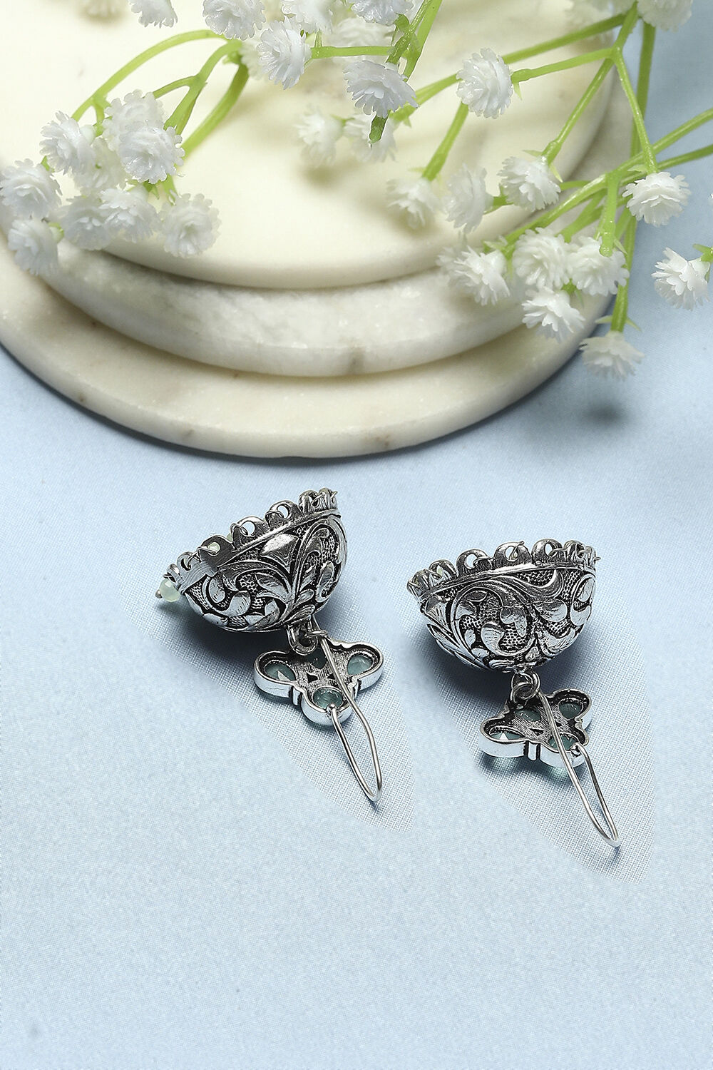 Mint Green Oxidised Stone Studded Jhumkas image number 2