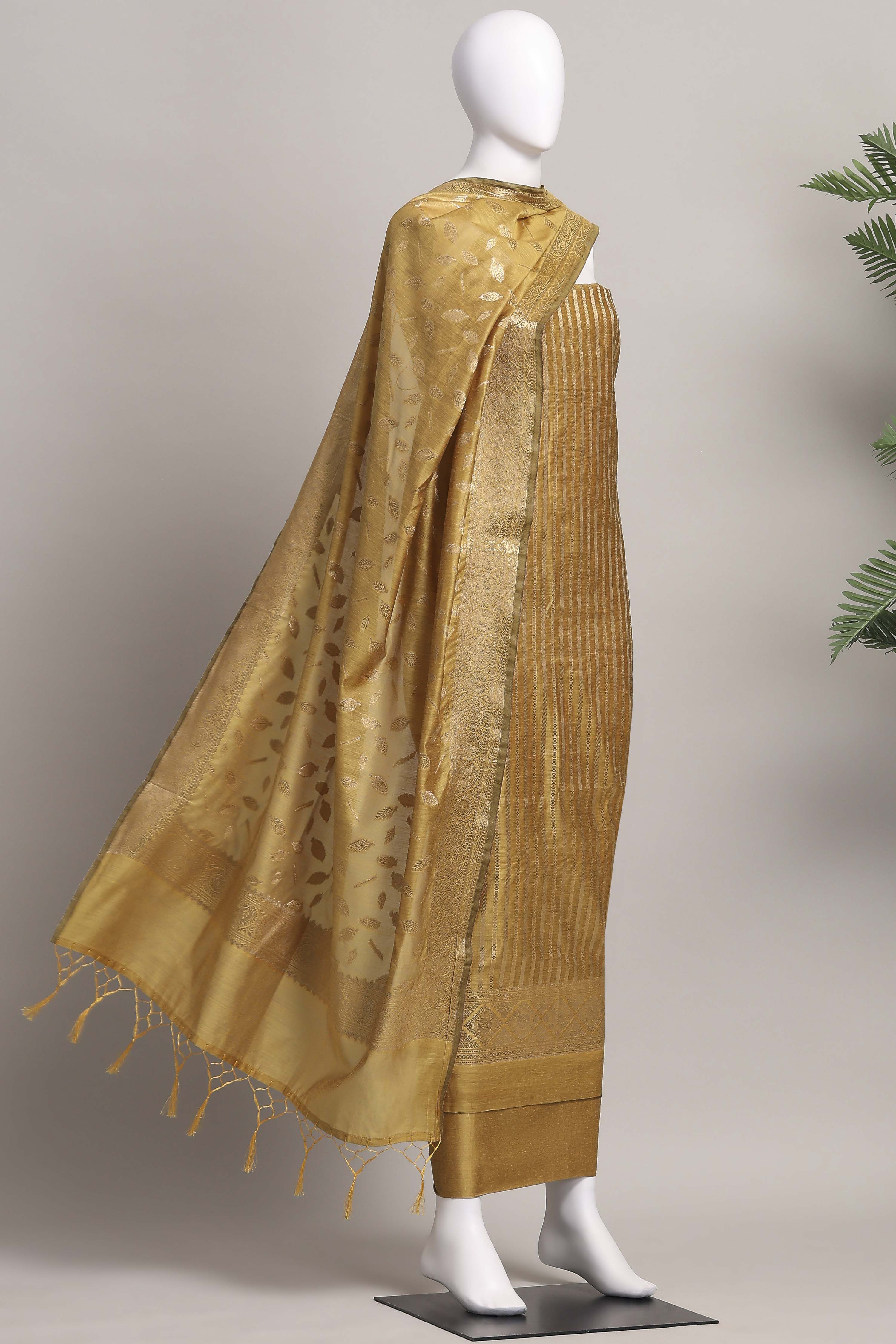 Mustard Banarasi Chanderi Banarasi Print Unstitched Suit Set image number 4