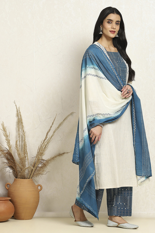 Off- White and Blue Cotton Printed Unstitched Suit Set image number 6