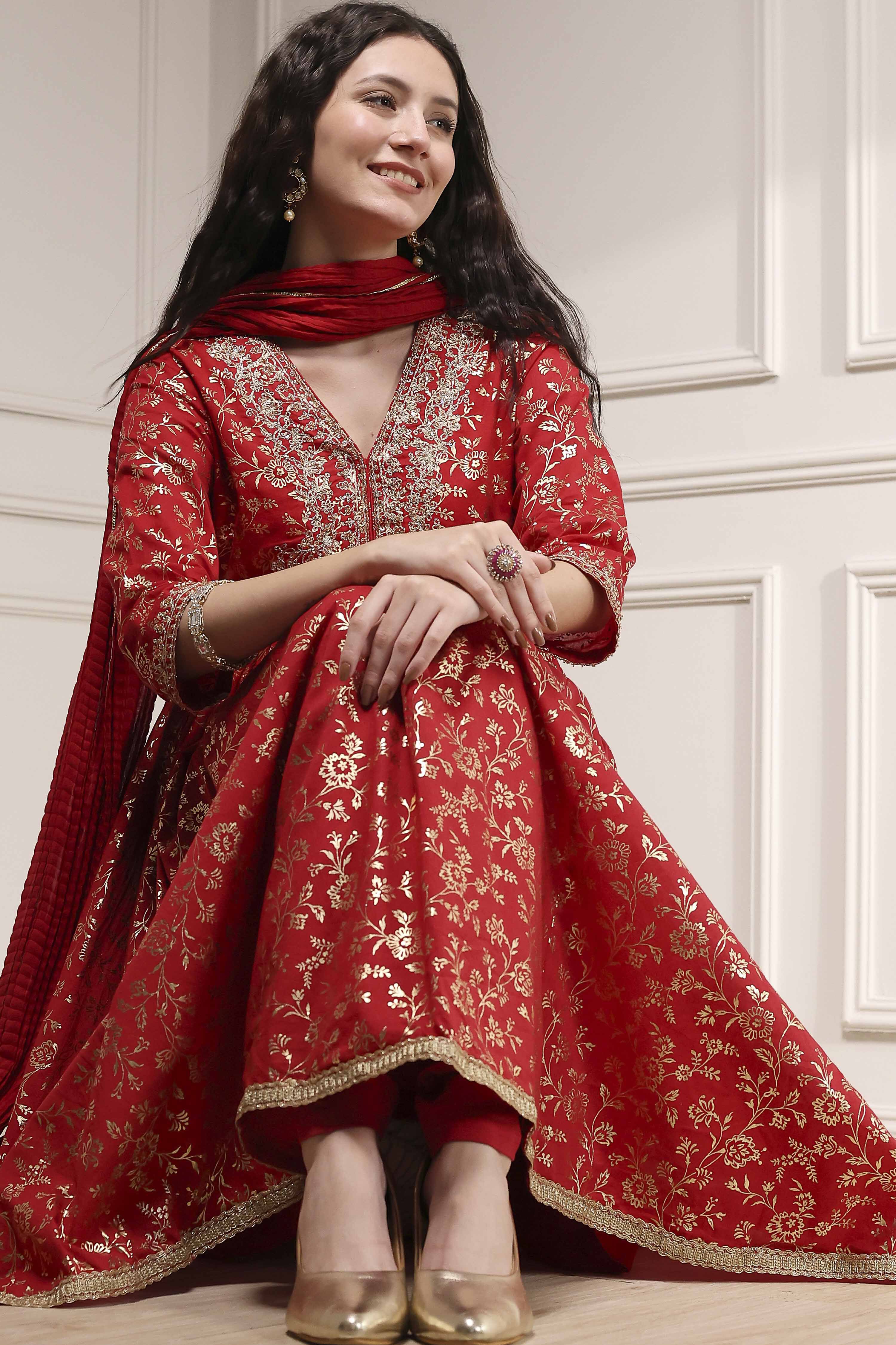 Red Cotton Foil Printed Anarkali Suit Set image number 8