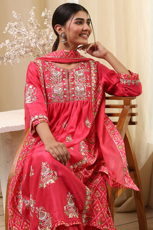 Coral-Red Silk Chanderi Gathered Suit Set image number 0