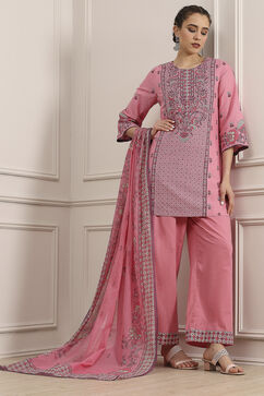 Light Pink Cotton Straight Printed Suit Set image number 0