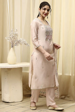 Beige Cotton Blend Machine Embroidered Unstitched Suit Set image number 6