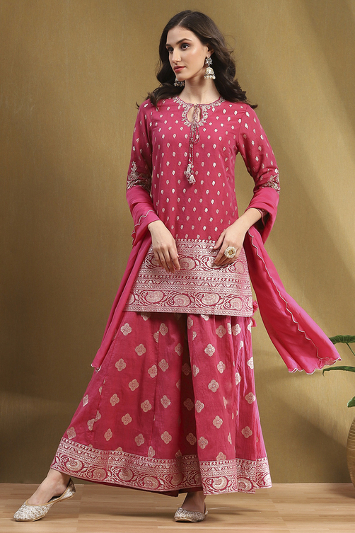 Pink Yarn Dyed Straight Suit Set image number 0