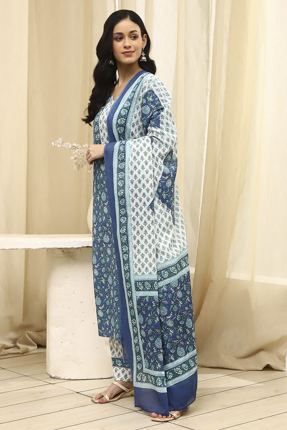 Lime Green and White Cotton Screen Print Unstitched Suit Set image number 4