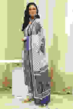 Blue and White Cotton Screen Print Unstitched Suit Set image number 4