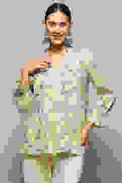 Beige Cotton Floral Printed A-Line Kurti image number 6