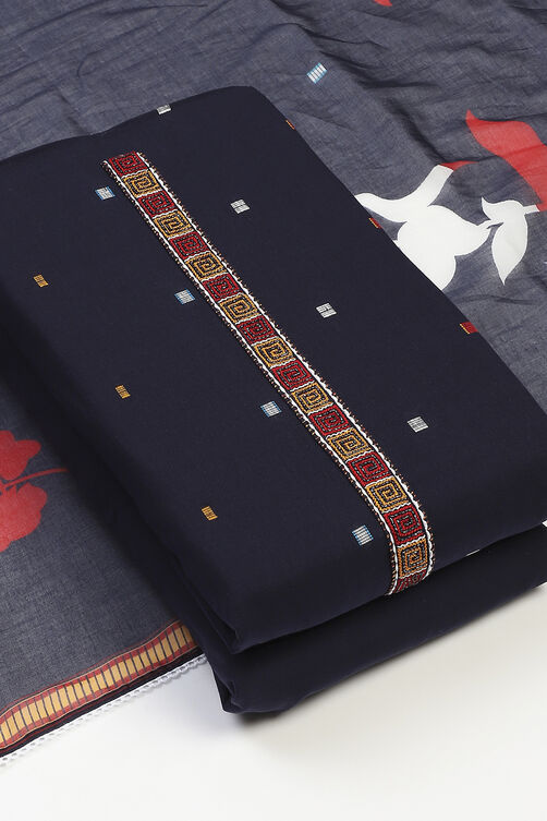 Navy Blue Cotton Unstitched Suit Set image number 5