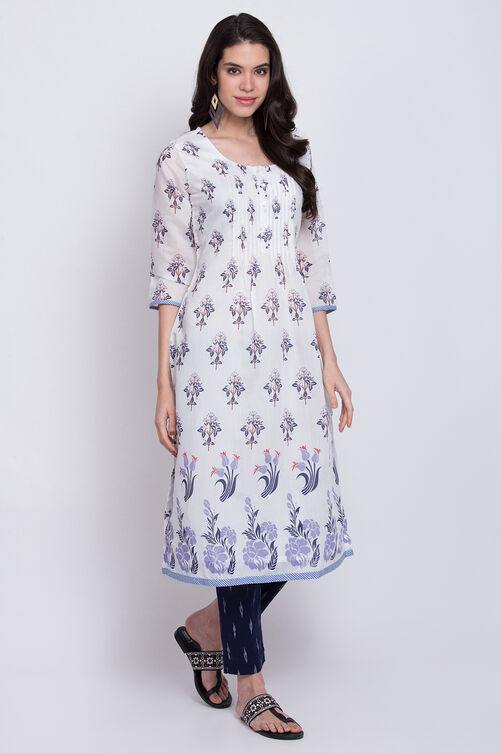 White Poly Cotton A-Line Kurta Slim Pant Suit Set image number 3