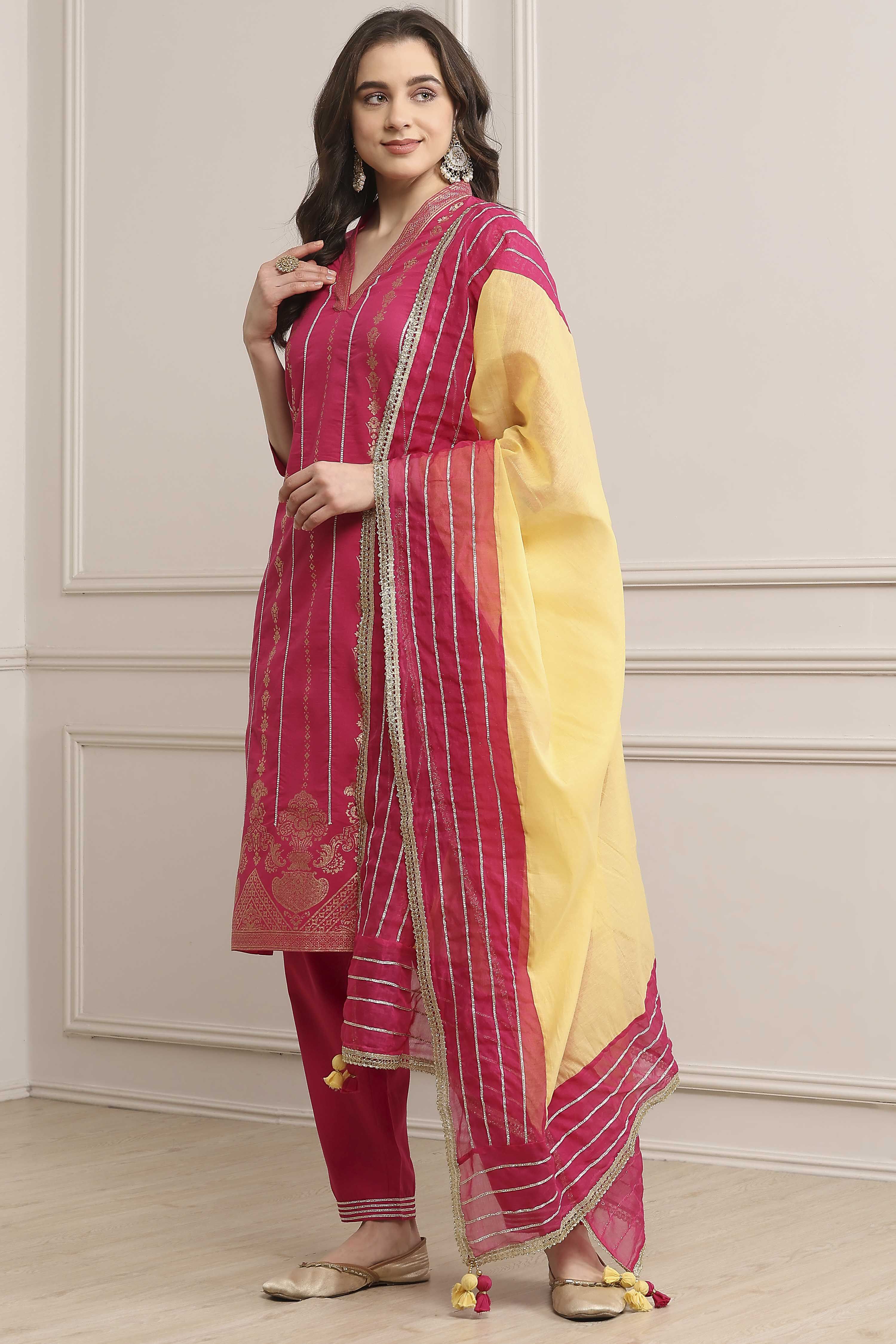 Fuchsia Cotton Straight Kurta Pants Suit Set image number 3
