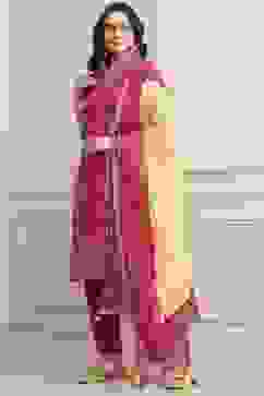 Fuchsia Cotton Straight Kurta Pants Suit Set image number 3